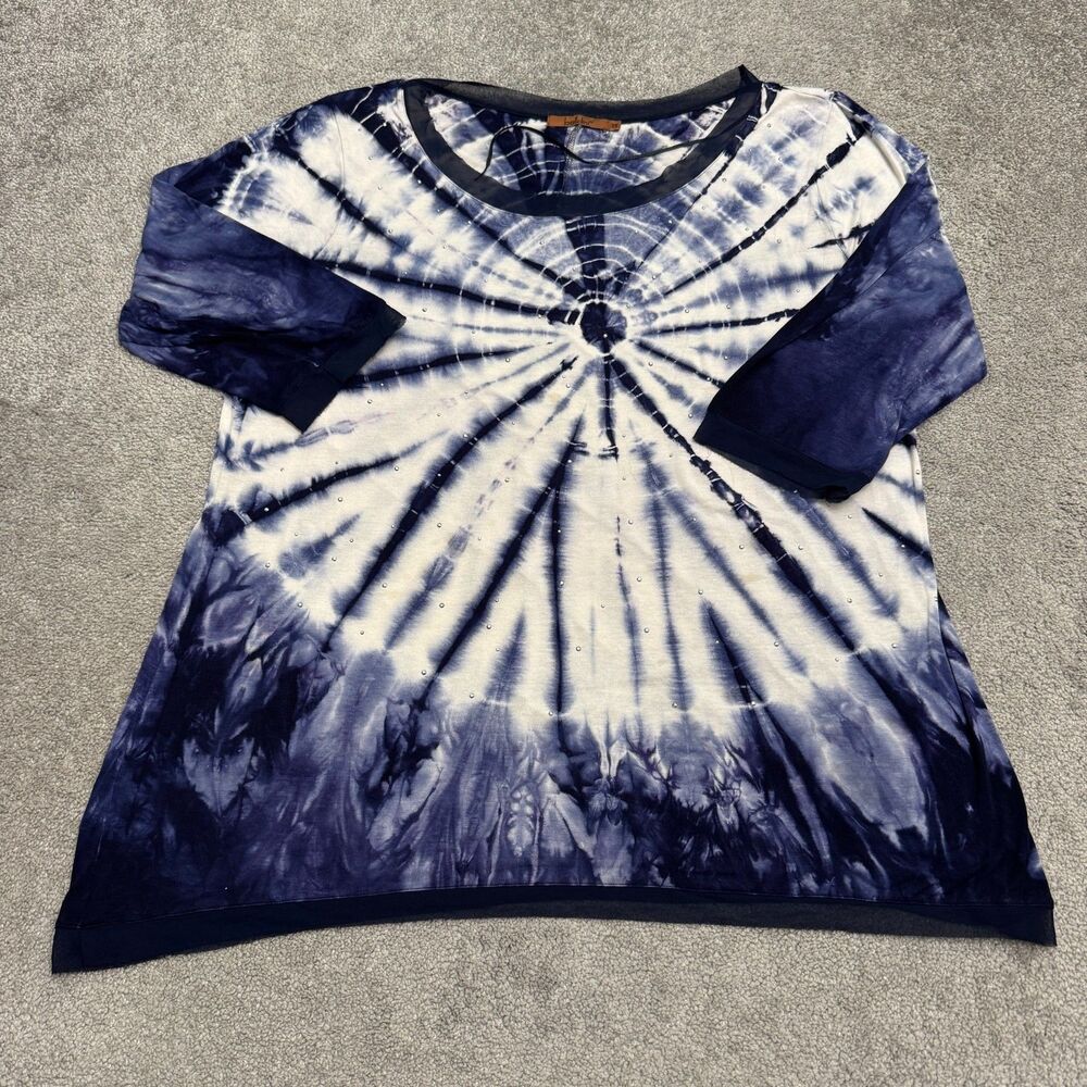 Belldini Tie Dye Studded Rhinestone Tunic Top Womens 2X Blue 3/4 Sleeve Stretch
